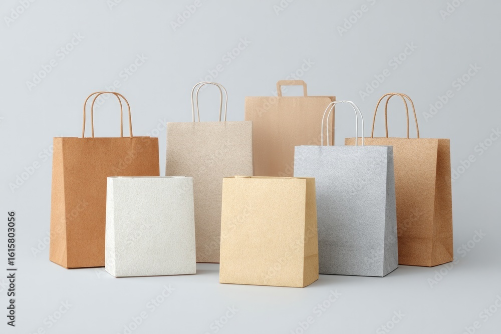 Poster minimalistic clean image showcasing assortment of paper bag mockups arranged neatly