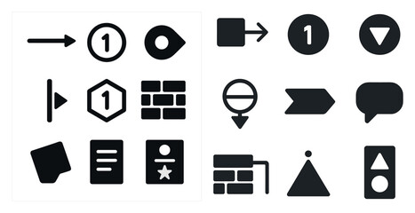 Set of icons, including a star, a brick, a triangle, and a square. The icons are all black and white, and they are arranged in a grid. Scene is simple and minimalistic
