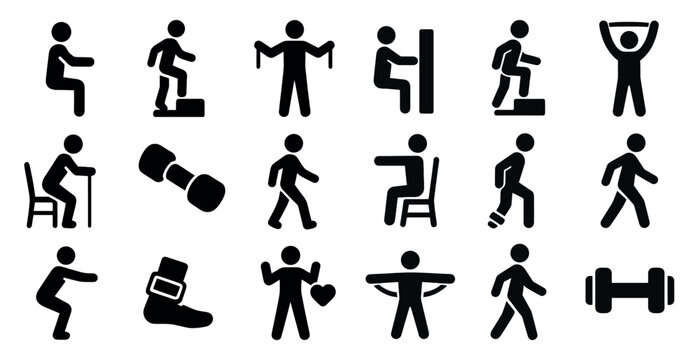 Collection of fitness icons, including a person doing situps, a person doing pushups, and a person doing squats