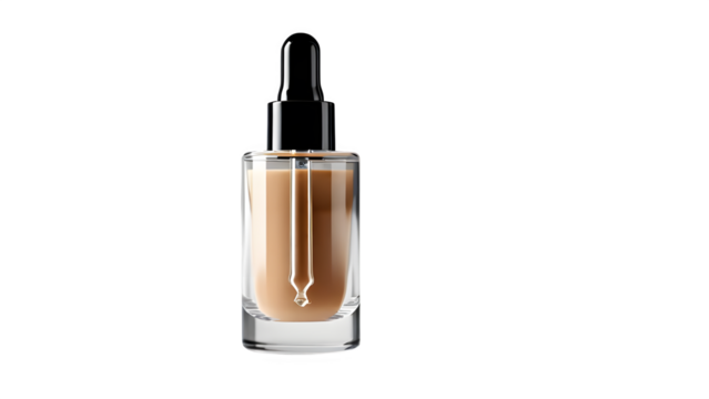 Skin foundation in a bottle with a pipette dispenser, isolated on a white backdrop.

