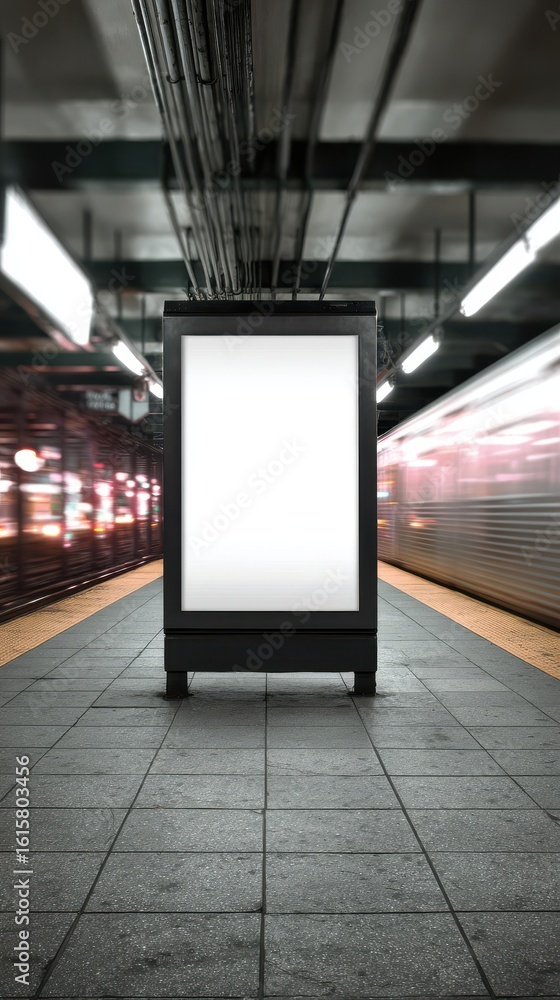 Poster stunning photo of empty advertisement display in nyc subway station. fast moving train visible in ba