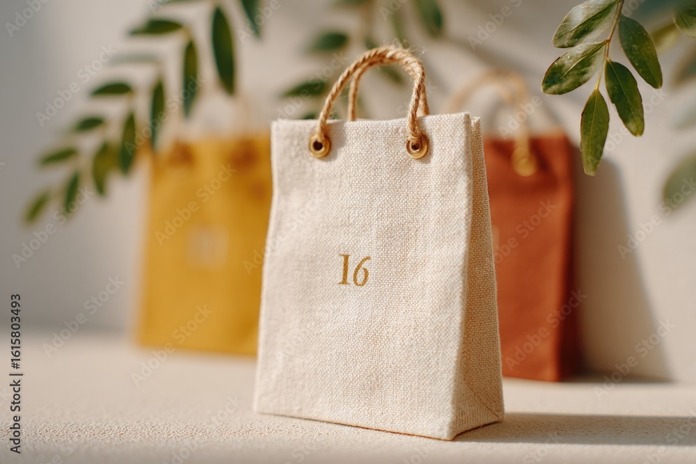 Poster top-down view of neutral-toned advent calendar on wall handmade paper bags with numbers and twine