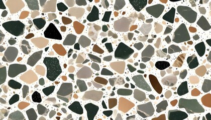Abstract terrazzo pattern with multicolored stone chips on a white background.