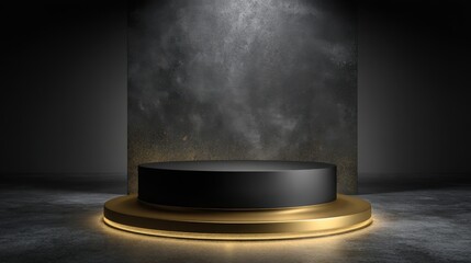 Stunning photo of black luxury gold three podium background 3d stage with presentation product platform stand or abstract golden pedestal cosmetic display and modern premium.