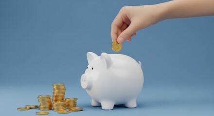 Saving money by dropping a coin into a white piggy bank with gold coins stacked nearby