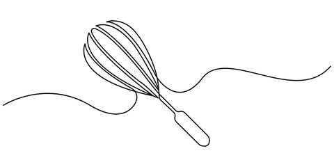 Balloon Whisk continuous one line drawing illustration. Whisk Continuous Line Art, Cooking whisk one line continuous drawing. One line ff kitchen tool balloon whisk. Editable Stroke