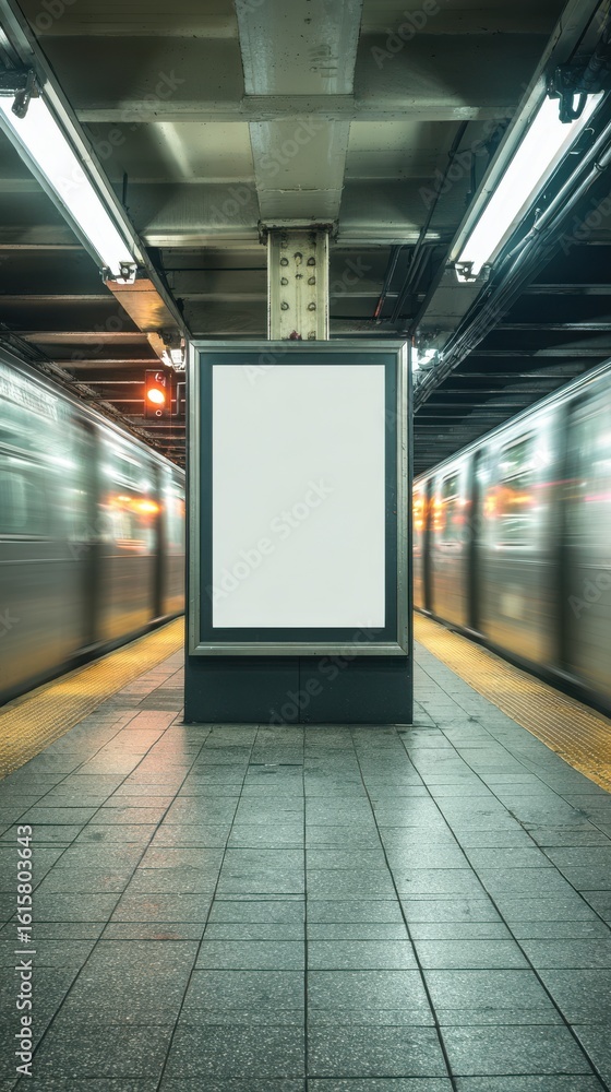 Poster stunning photo of empty advertisement display in nyc subway station. fast moving train visible in ba
