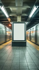 Stunning photo of empty advertisement display in NYC subway station. Fast moving train visible in background. Modern marketing media template. Mock up poster. Vertical design.