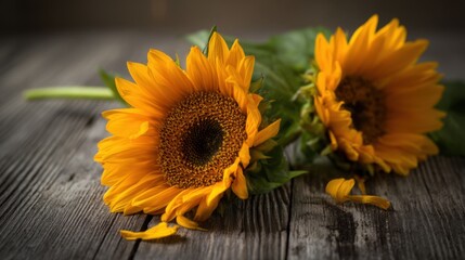 Close-up of vibrant sunflowers with bright yellow petals and dark centers,