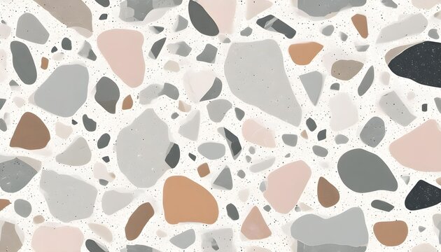 Abstract terrazzo pattern with pastel and neutral colored stone chips on a white background.