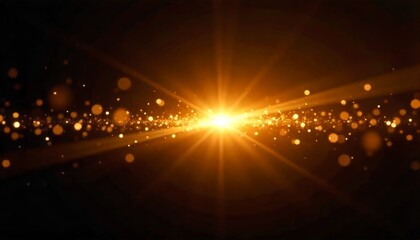 Golden shimmer light burst with bokeh effect, transparent sunlight shine, radiant flash, magic glitter particles, glowing rays on a black background, PNG special white lens flare light effect.