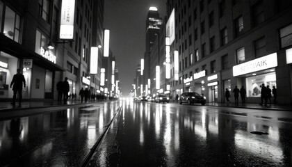 Night cityscape: Low angle view of illuminated skyscrapers on a rainy night, reflections shimmering on the wet pavement, neon signs glowing, in a futuristic metropolis.