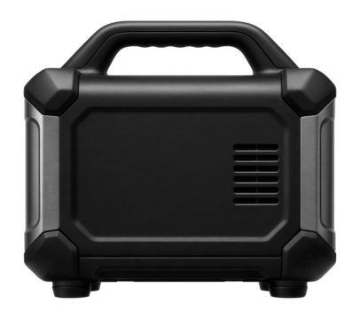 Compact inverter generator with a rectangular body and a top handle for easy transport, suitable for camping trips.