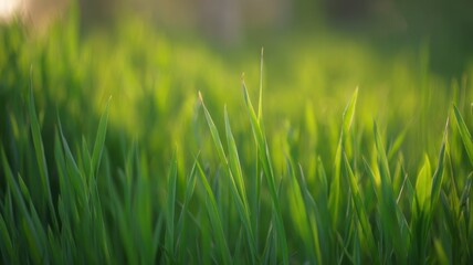 Obraz premium Close-up of lush green grass blades in a sunlit field with shallow focus, sharp foreground, soft blurred background,