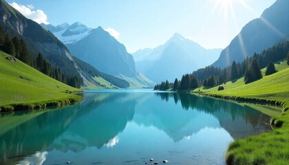 A pristine clear blue alpine lake reflecting snow-capped mountains under a bright sunny summer day, with lush green meadows surrounding the lake.