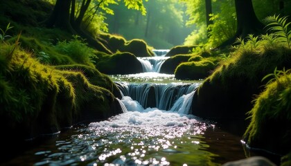 A clear stream flowing over moss-covered rocks in a lush green forest in Ireland, early morning light, mist rising from the water, vibrant green ferns and trees, dappled sunlight.