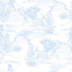Blue Toile Christmas  seamless pattern with blooming elements . Illustration