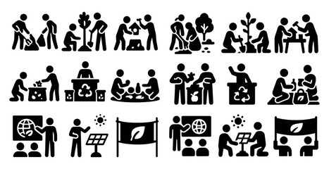 Series of black and white icons depicting various activities related to environmental conservation. The icons include people planting trees, recycling, and working together to protect the planet