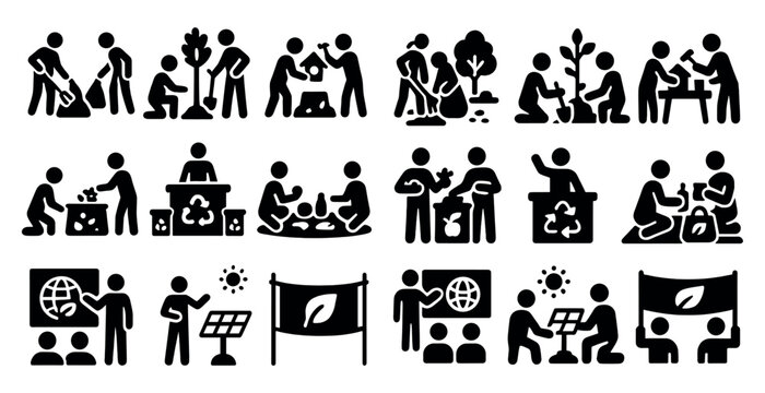 Series of black and white icons depicting various activities related to environmental conservation. The icons include people planting trees, recycling, and working together to protect the planet