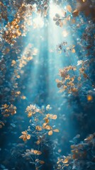 Sun Rays Shining Through Forest Canopy with Golden Leaves