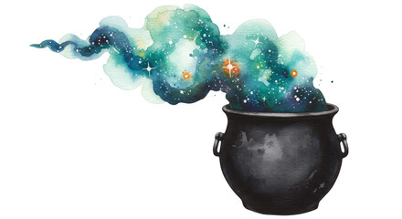 Watercolor Painting of a Cauldron with Galaxy Smoke