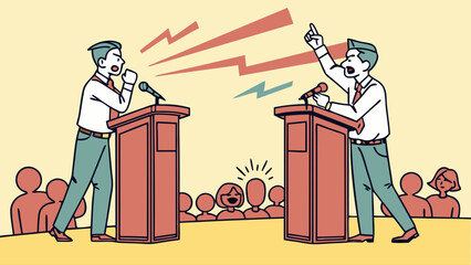 Animated Political Debate Illustration: Two Candidates Arguing at Podiums, Retro Style Cartoon