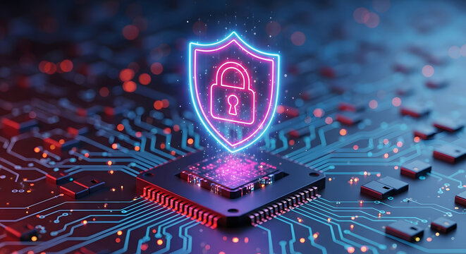 Futuristic Cybersecurity Shield with Neon Lock and Circuit Board Background