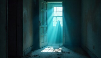 Faint, shimmering ghost appearing from the darkness within a forgotten, dusty attic on a hot summer afternoon, sunbeams filtering through window.