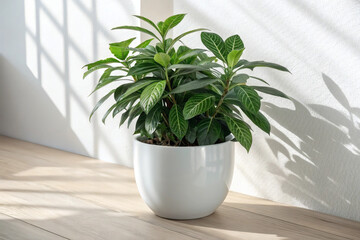 Fototapeta premium a vibrant green leafy plant in a smooth white ceramic pot, placed on a natural wooden tabletop with a clean white background, evoking a calm and refreshing atmosphere