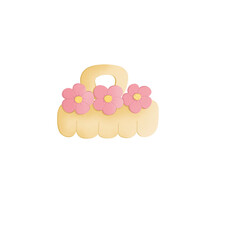 Cute Beige Hair Clip with Pink Flowers on Transparent Background
