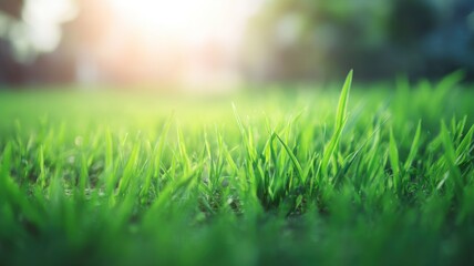 Close-up of vibrant green grass blades, healthy and shiny after rain,