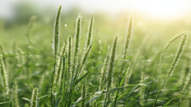 Sunlit outdoor scene with vibrant tall grasses, narrow leaves widening at tips,