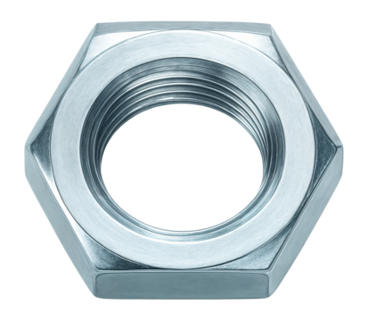 Thin jam lock nut with a zinc coating for use in electrical enclosures.