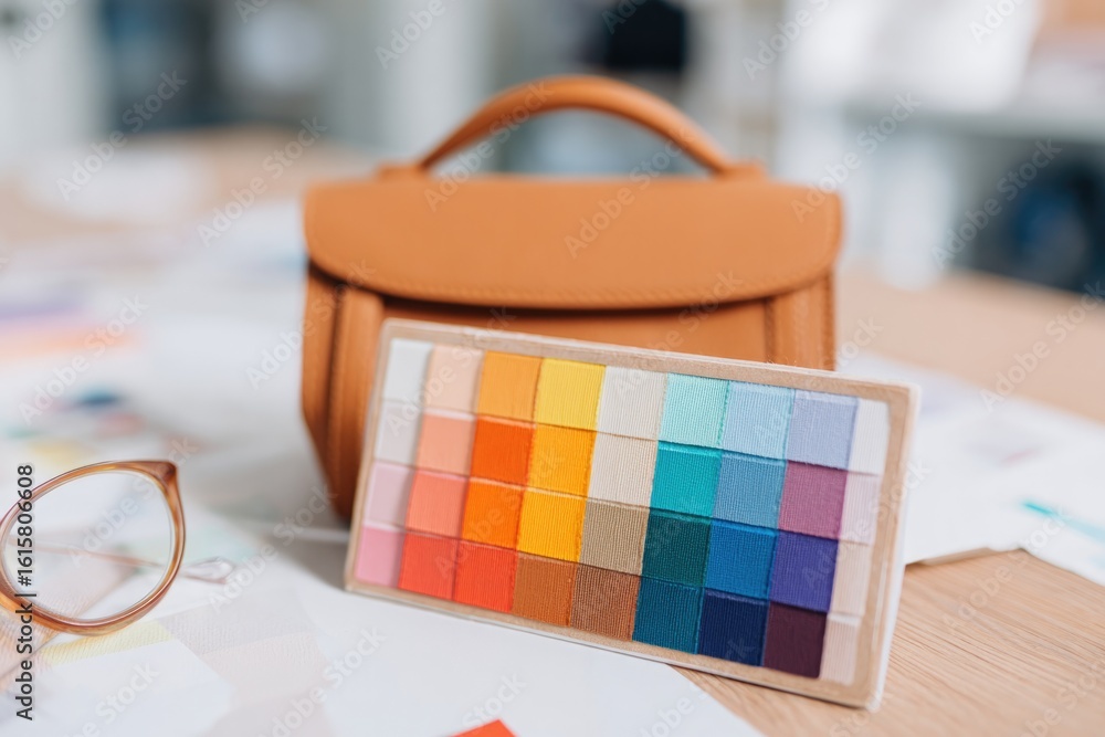 Poster top-down view of color palette cards next to handbag prototype on designer desk with clear copy spac