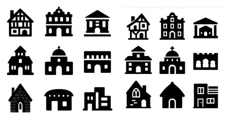 Collection of black and white buildings, including a church, a castle, and a house. The buildings are all different shapes and sizes, but they all have a similar design. Scene is one of elegance
