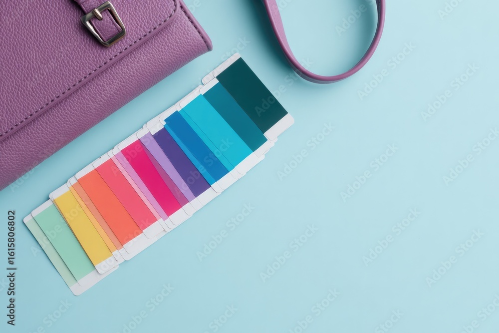 Poster top-down view of color palette cards next to handbag prototype on designer desk with clear copy spac