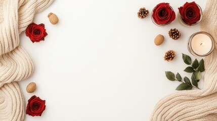 Beige knitted scarf with autumnal decor