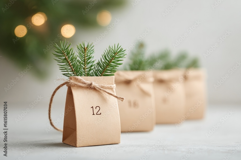 Poster top-down view of neutral-toned advent calendar on wall handmade paper bags with numbers and twine