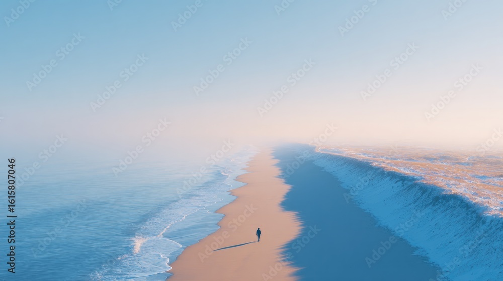 Poster drone top-down view of person walking alone on empty beach long shadow copy space all around