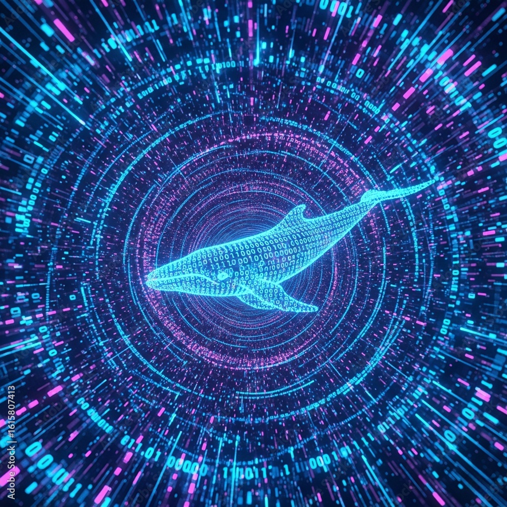 Poster digital whale in cyber tunnel: futuristic data stream and network concept