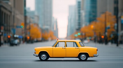 yellow taxi on clear urban street with buildings blurred in background showcasing sense of movement