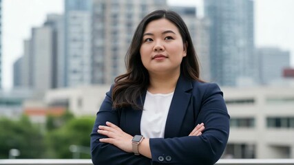 A confident asian businesswoman stands outdoors
