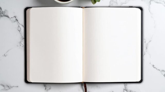 Top view flat lay of an open notebook with blank pages on a white marble table. A cup of coffee and a succulent plant complete the workspace scene. Perfect for creative concepts or mockups.