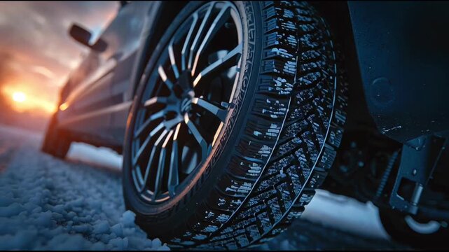Footage of a car equipped with sleek, brand-new snow tires driving through a winter landscape.