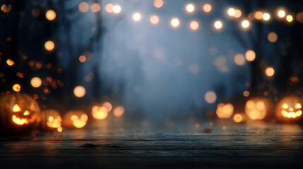 Halloween background with blurry bokeh lights and pumpkins