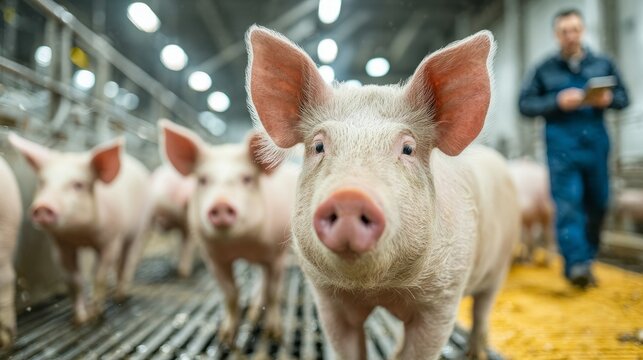 Close-up of a curious piglet in a modern barn, surrounded by other pigs, showcasing farm life and animal husbandry in a clean, well-lit environment with a focus on livestock care