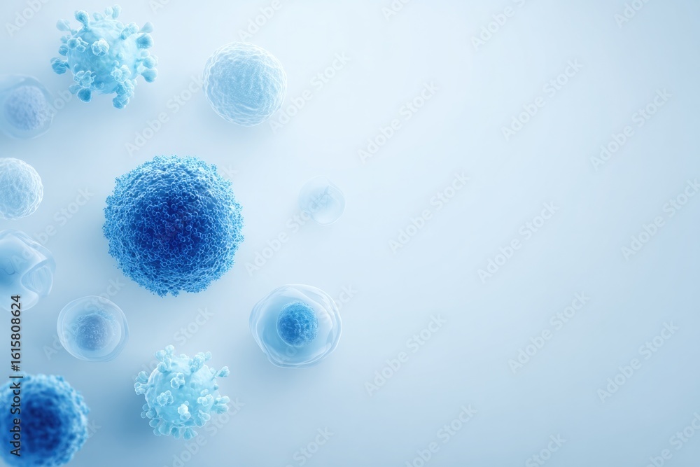 Poster minimalistic depiction of immunology with clean cell structures and molecular formations against pla