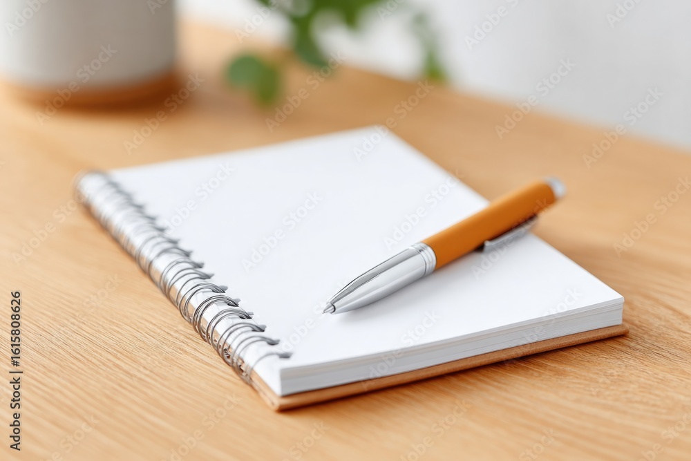 Poster top view of spiral notebook and pen on wooden desk with shadow copy space on right