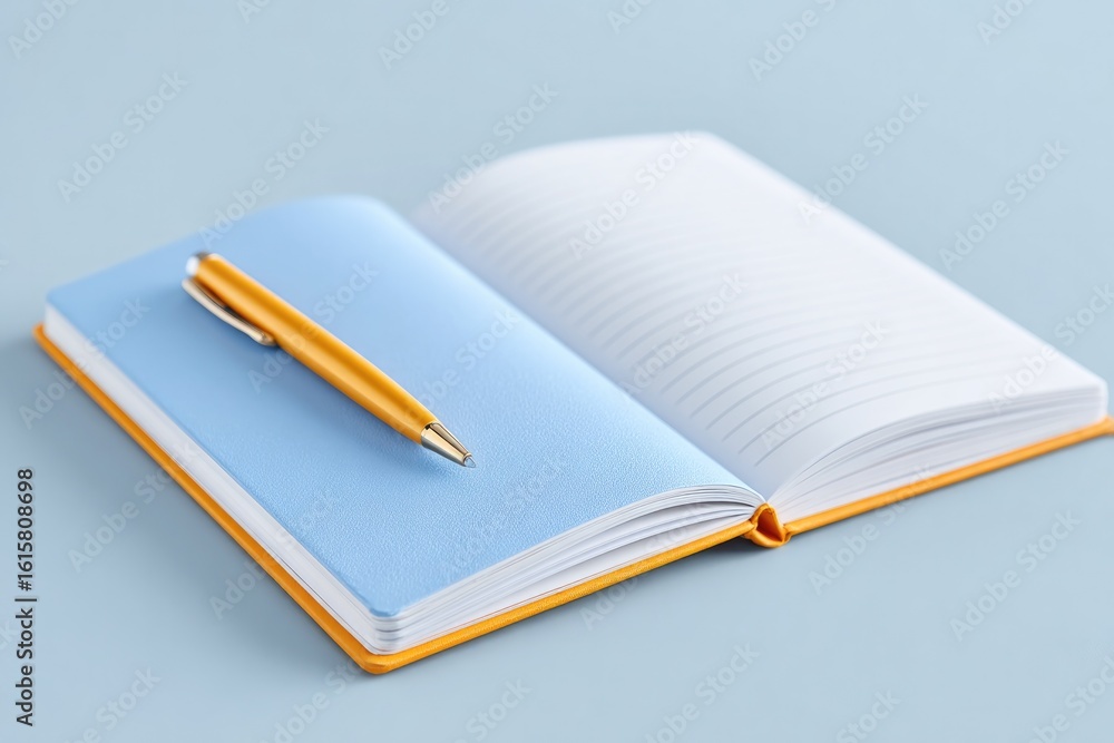 Poster flat lay of open bilingual phrasebook with pen and notepad on soft background clean copy space above