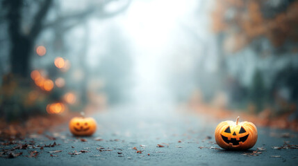 Halloween background with blurry bokeh lights and pumpkins